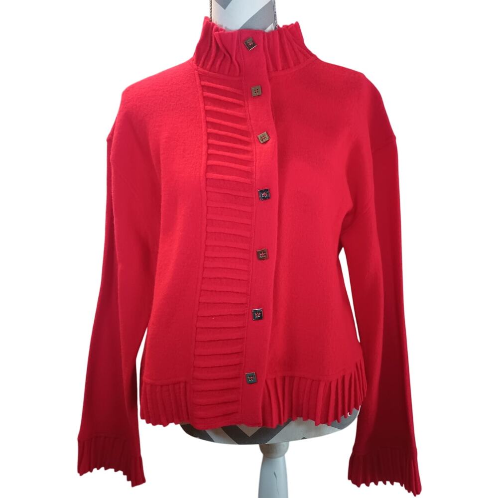 J'Envie New York Wool Cardigan Sweater Bright Red Ruffle Trim Button Up Large